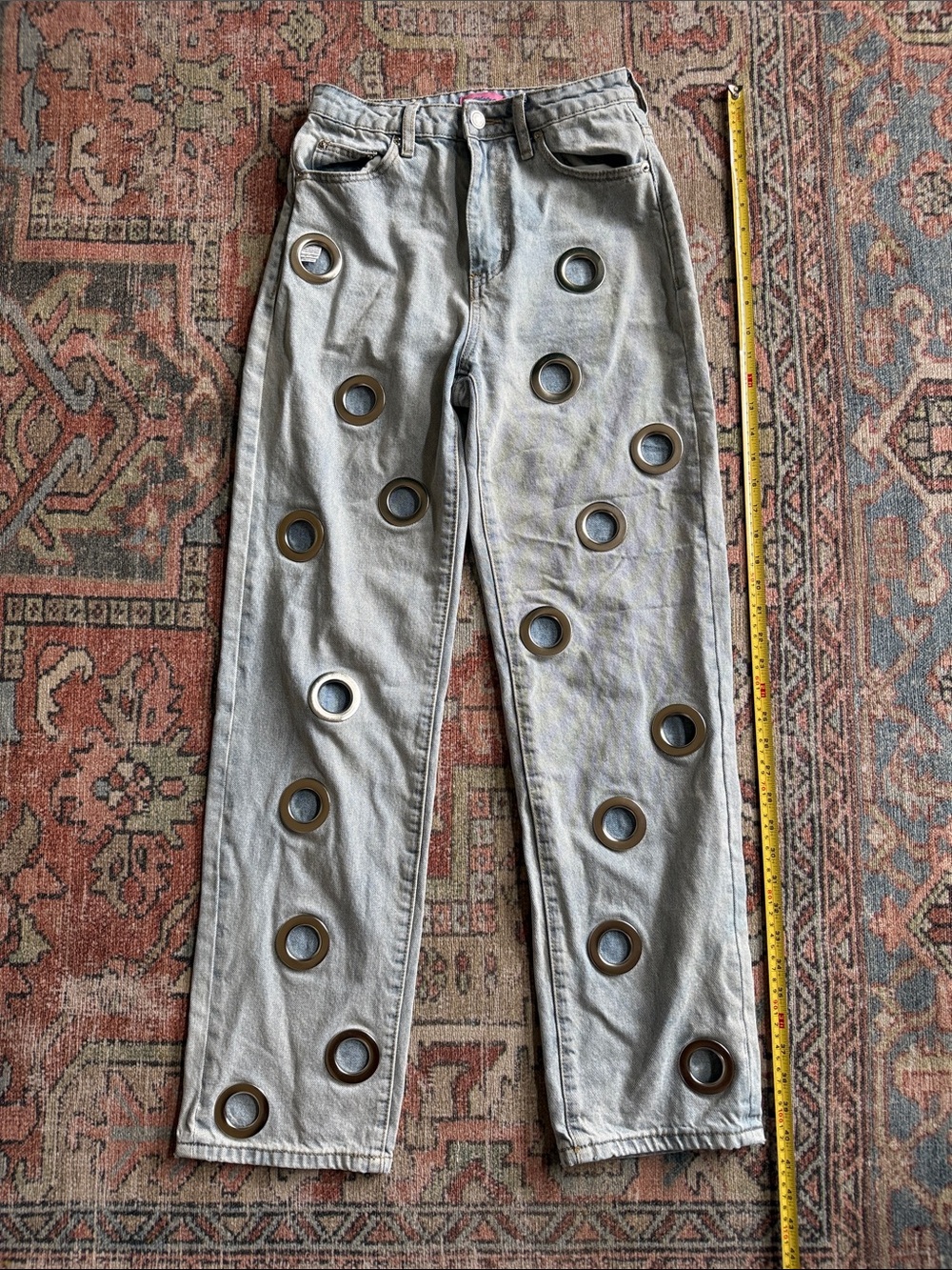 Edikted Light Gray Straight Leg Jeans with Metal Grommet Detail